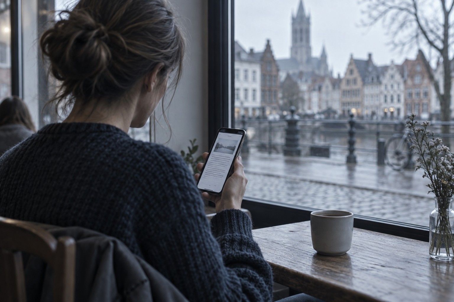 Een vrouw aan het raam van een café, op een regenachtige ochtend aan het water, leest een lang artikel op haar telefoon, met een kop koffie naast zich.