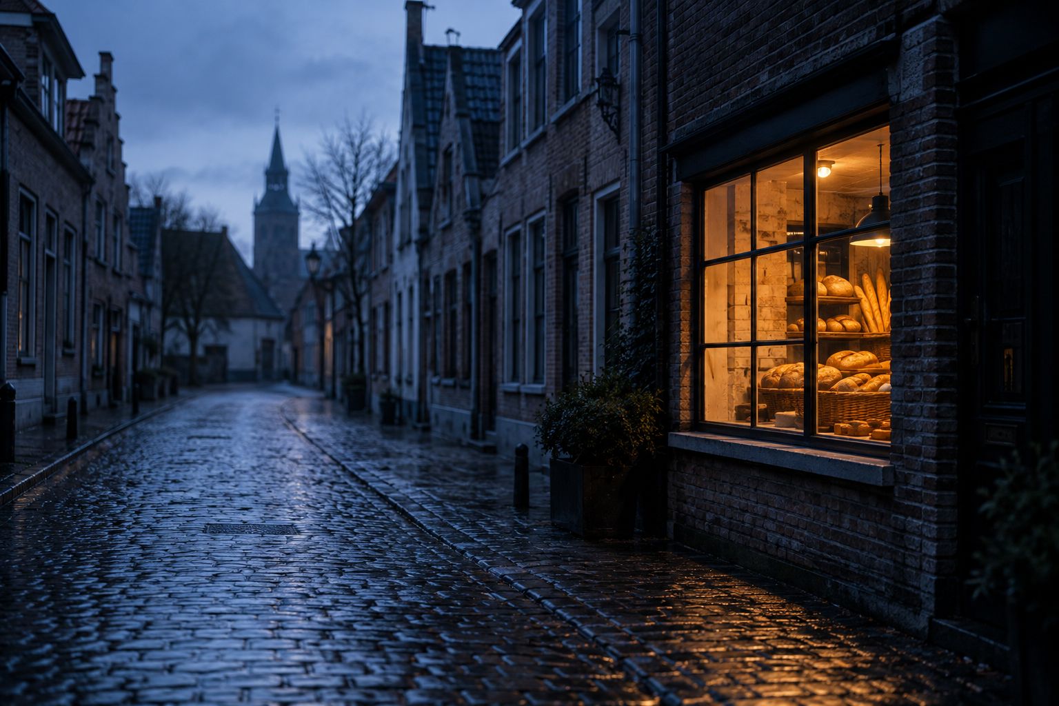 Een verlichte bakkersetalage in een donkere dorpsstraat, vlak voor zonsopgang.
